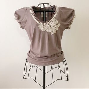 Anthropologie C. Keer Crochet Trim Puff Sleeve Tee